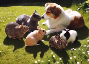 Verschiedene Haustiere: Hund, Katze, Kaninchen, Meerschweinchen