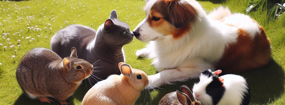 Verschiedene Haustiere: Hund, Katze, Kaninchen, Meerschweinchen